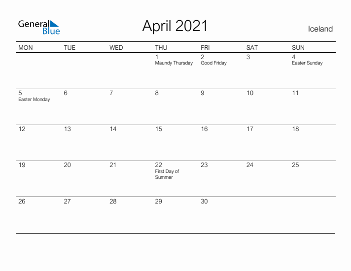 Printable April 2021 Calendar for Iceland