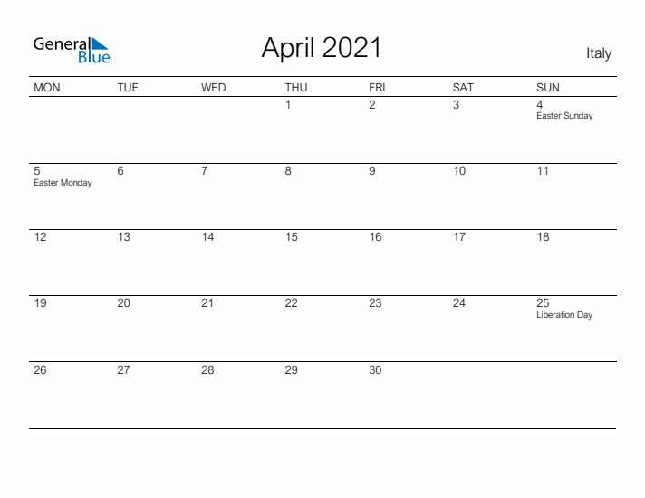 Printable April 2021 Calendar for Italy