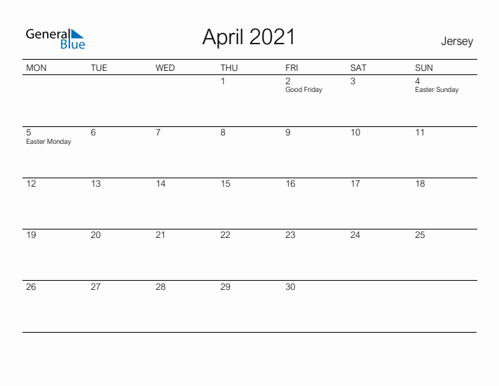 Printable April 2021 Calendar for Jersey