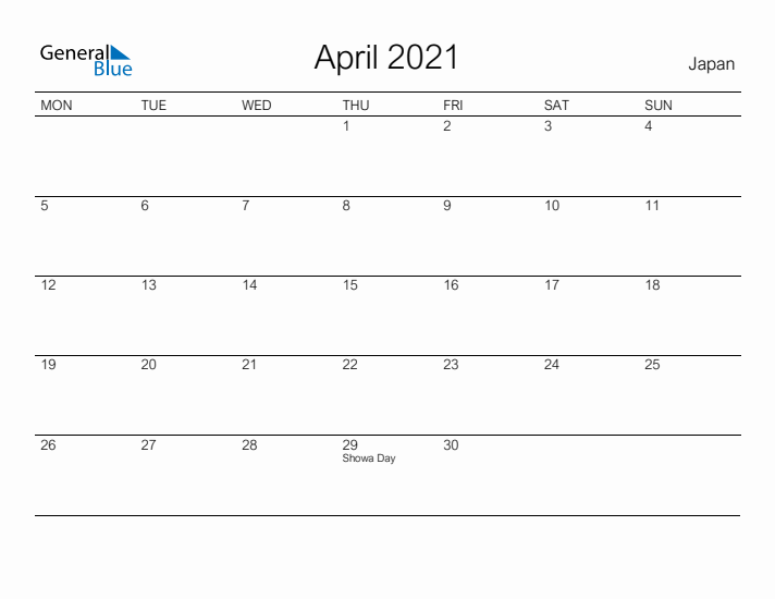 Printable April 2021 Calendar for Japan