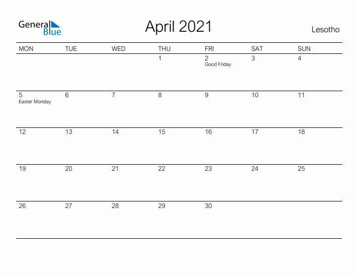 Printable April 2021 Calendar for Lesotho