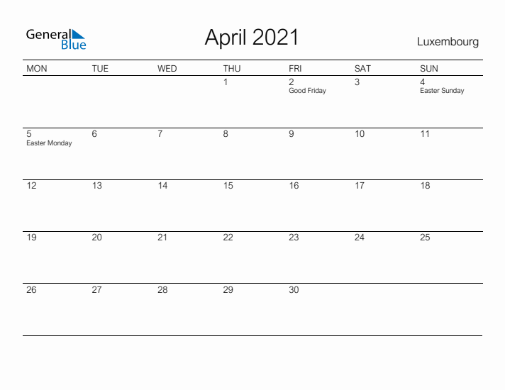 Printable April 2021 Calendar for Luxembourg