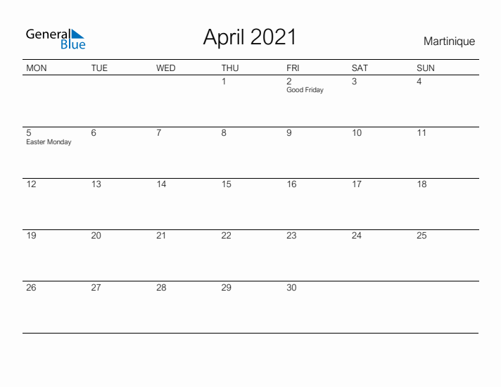 Printable April 2021 Calendar for Martinique