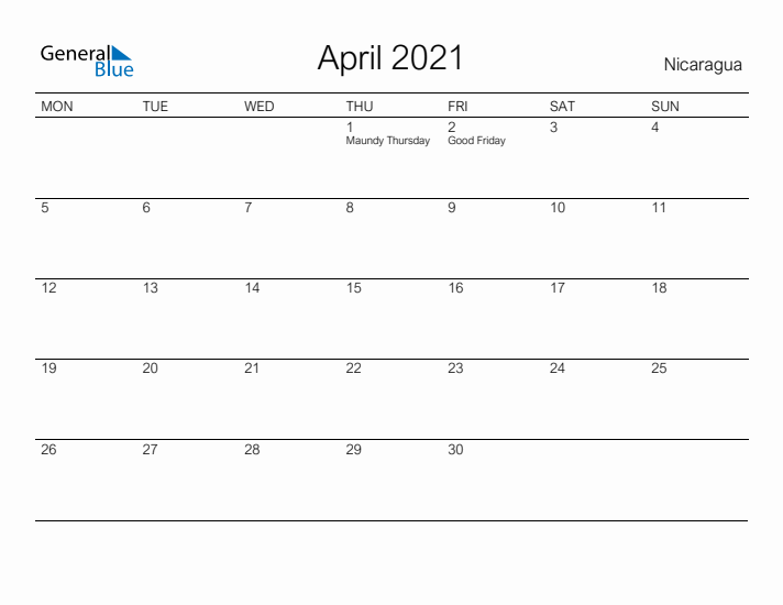 Printable April 2021 Calendar for Nicaragua