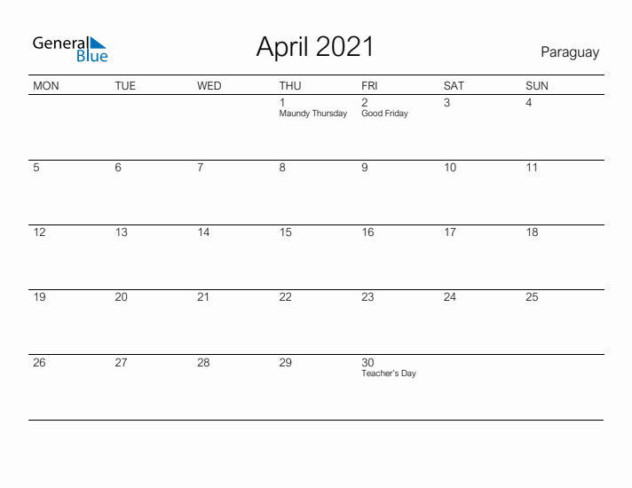 Printable April 2021 Calendar for Paraguay