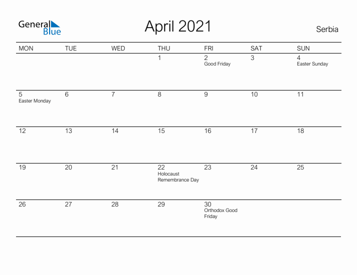 Printable April 2021 Calendar for Serbia