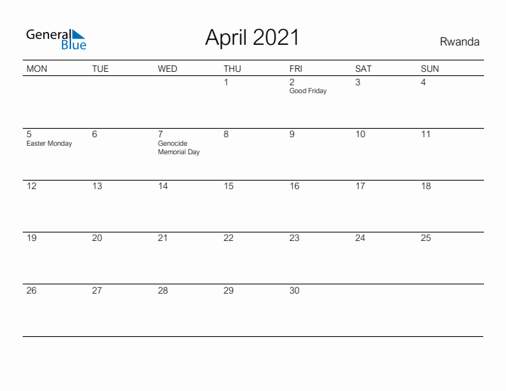 Printable April 2021 Calendar for Rwanda