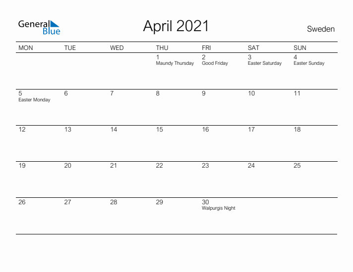 Printable April 2021 Calendar for Sweden