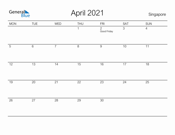 Printable April 2021 Calendar for Singapore