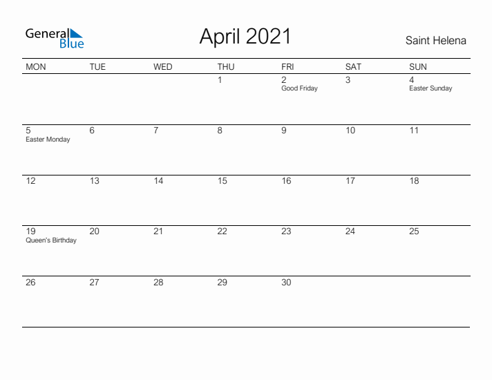Printable April 2021 Calendar for Saint Helena