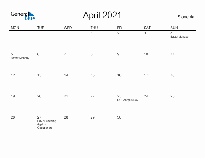 Printable April 2021 Calendar for Slovenia