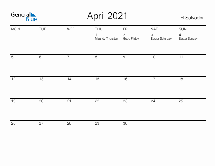Printable April 2021 Calendar for El Salvador