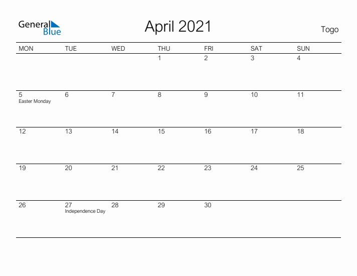 Printable April 2021 Calendar for Togo