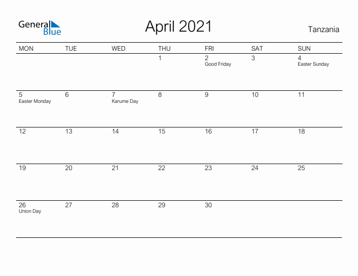 Printable April 2021 Calendar for Tanzania