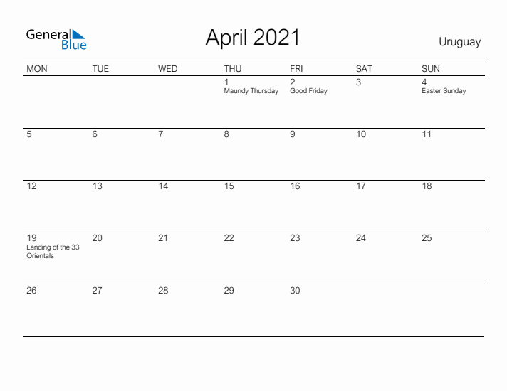 Printable April 2021 Calendar for Uruguay