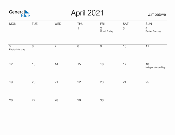 Printable April 2021 Calendar for Zimbabwe