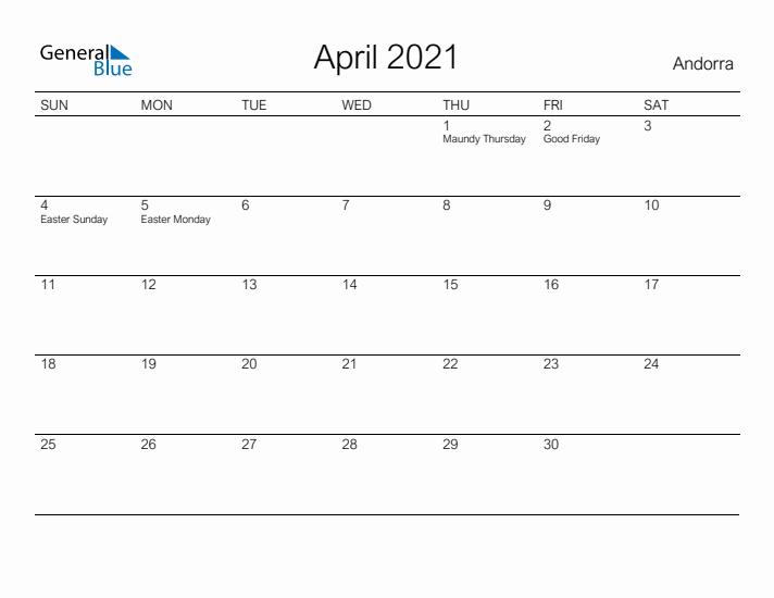 Printable April 2021 Calendar for Andorra
