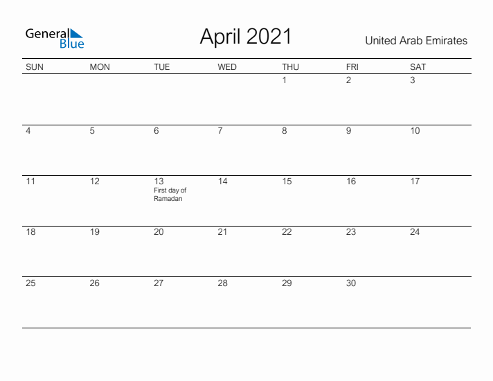 Printable April 2021 Calendar for United Arab Emirates
