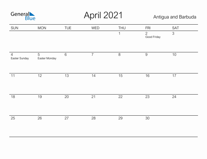Printable April 2021 Calendar for Antigua and Barbuda