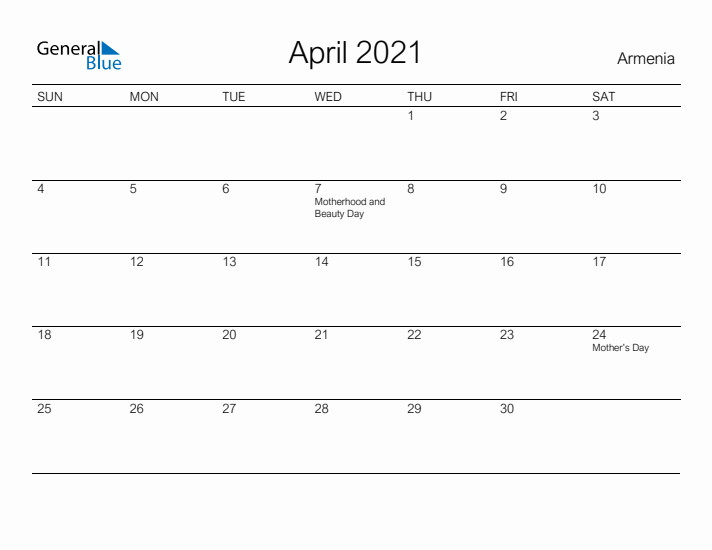 Printable April 2021 Calendar for Armenia