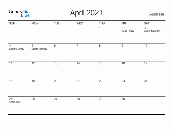 Printable April 2021 Calendar for Australia