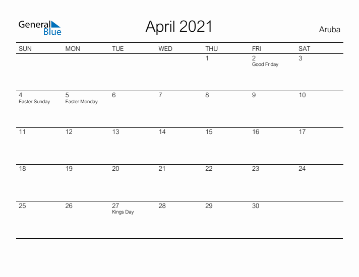 Printable April 2021 Calendar for Aruba
