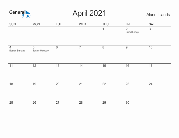 Printable April 2021 Calendar for Aland Islands