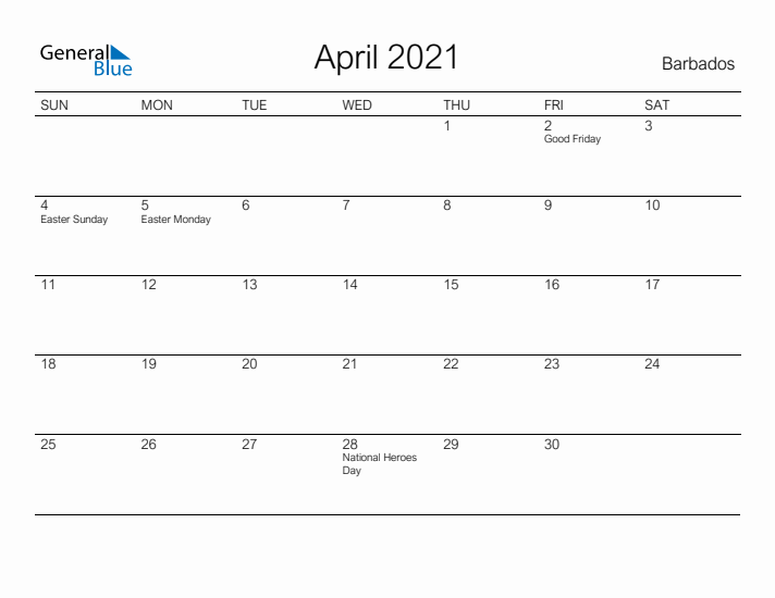 Printable April 2021 Calendar for Barbados