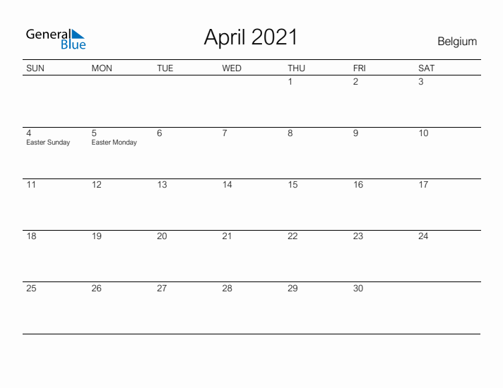 Printable April 2021 Calendar for Belgium
