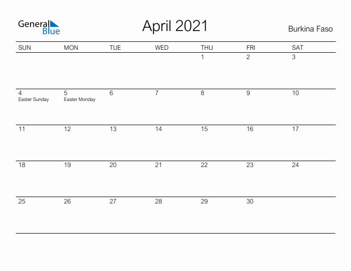 Printable April 2021 Calendar for Burkina Faso