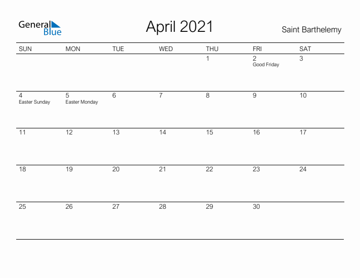 Printable April 2021 Calendar for Saint Barthelemy