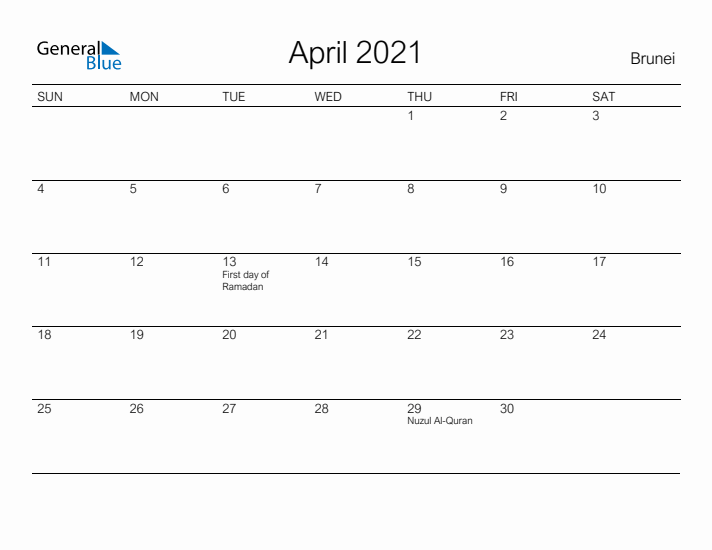 Printable April 2021 Calendar for Brunei