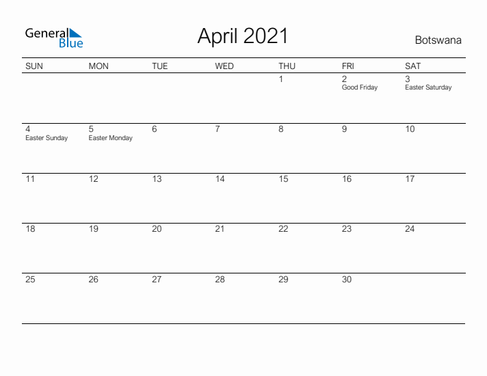 Printable April 2021 Calendar for Botswana