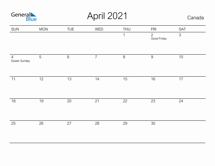 Printable April 2021 Calendar for Canada