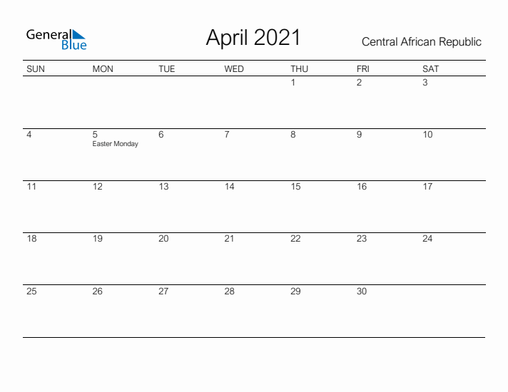 Printable April 2021 Calendar for Central African Republic