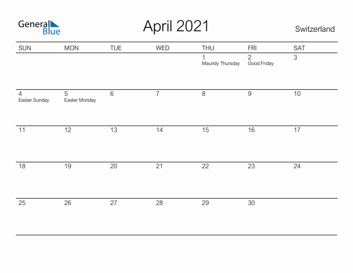 Printable April 2021 Calendar for Switzerland