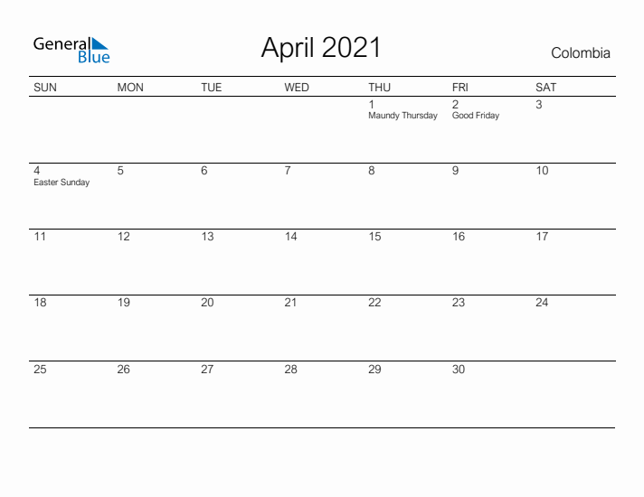 Printable April 2021 Calendar for Colombia