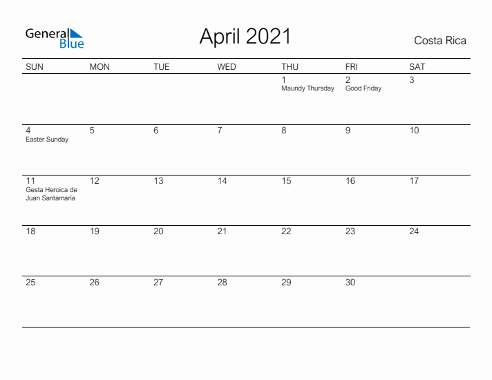 Printable April 2021 Calendar for Costa Rica