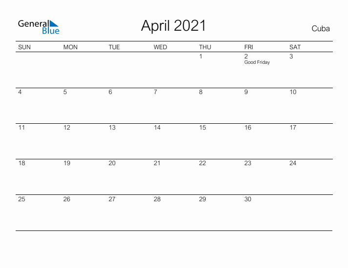 Printable April 2021 Calendar for Cuba