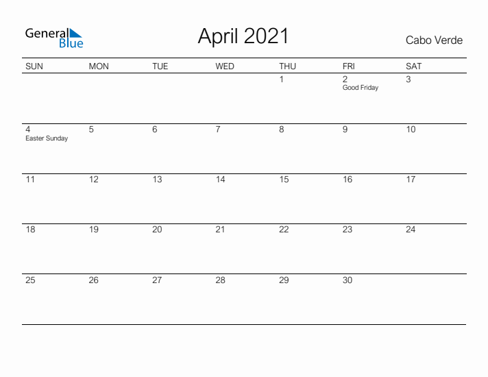 Printable April 2021 Calendar for Cabo Verde