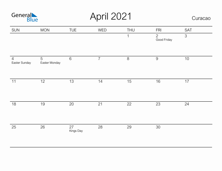 Printable April 2021 Calendar for Curacao