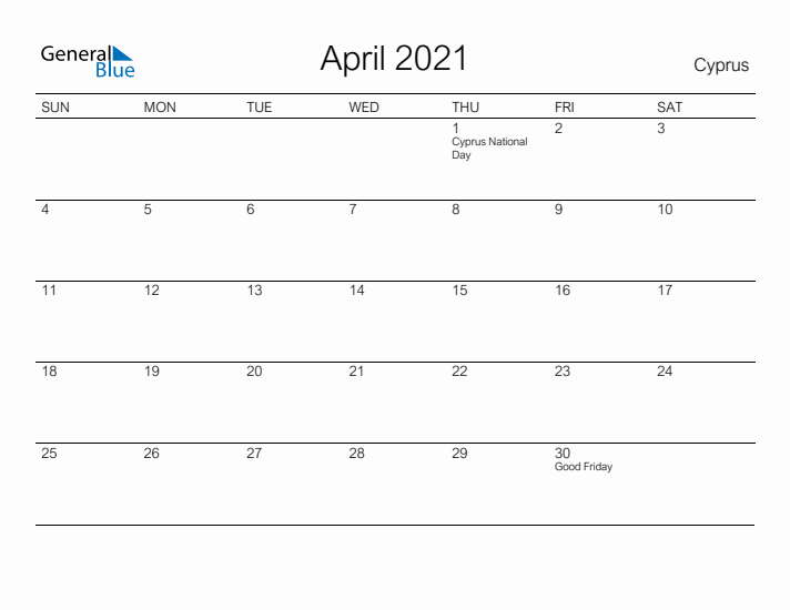Printable April 2021 Calendar for Cyprus