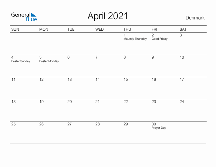 Printable April 2021 Calendar for Denmark