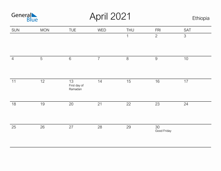 Printable April 2021 Calendar for Ethiopia