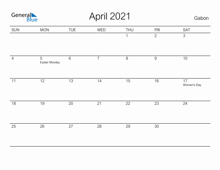 Printable April 2021 Calendar for Gabon