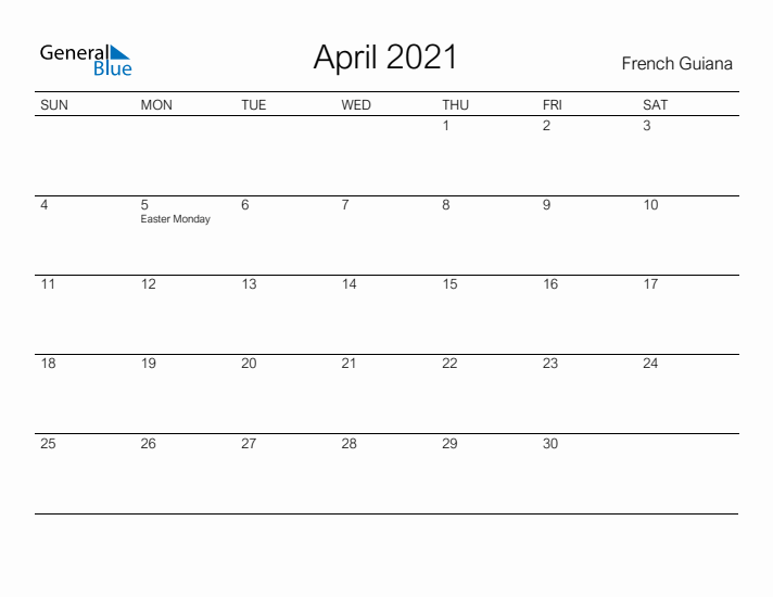 Printable April 2021 Calendar for French Guiana