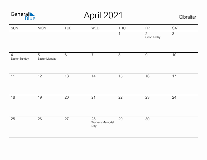 Printable April 2021 Calendar for Gibraltar