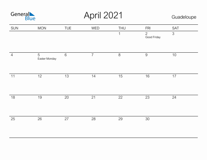 Printable April 2021 Calendar for Guadeloupe