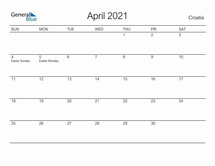 Printable April 2021 Calendar for Croatia