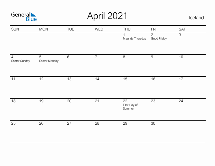 Printable April 2021 Calendar for Iceland